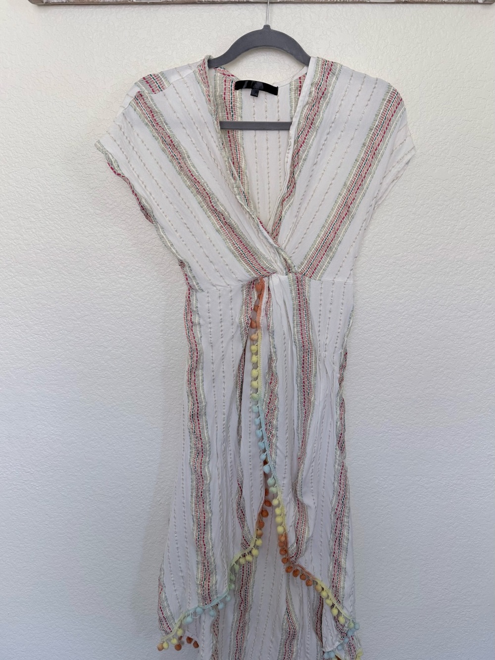 Boho White Stripe V-Neck Pom-Pom Coverup Dress